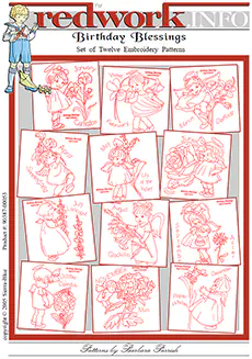 Birthday Blessings - Set of 12 Redwork Embroidery Patterns