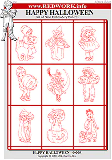 Happy Halloween - Set of 9 Redwork Embroidery Patterns