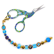 Floral Embroidery Scissors and Aqua, Gold Glass Beaded Fob