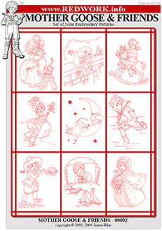 Mother Goose & Friends - Set of 9 Redwork Embroidery Patterns
