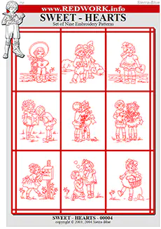 Sweet Hearts - Set of 9 Redwork Embroidery Patterns