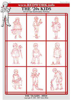 The 20's Kids - Set of 9 Redwork Embroidery Patterns